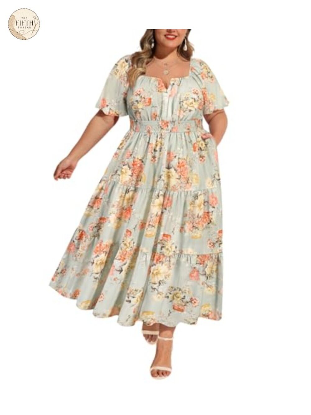 Plus Size Floral Smocked Maxi Dress with Pockets Short Sleeve Square Neck
